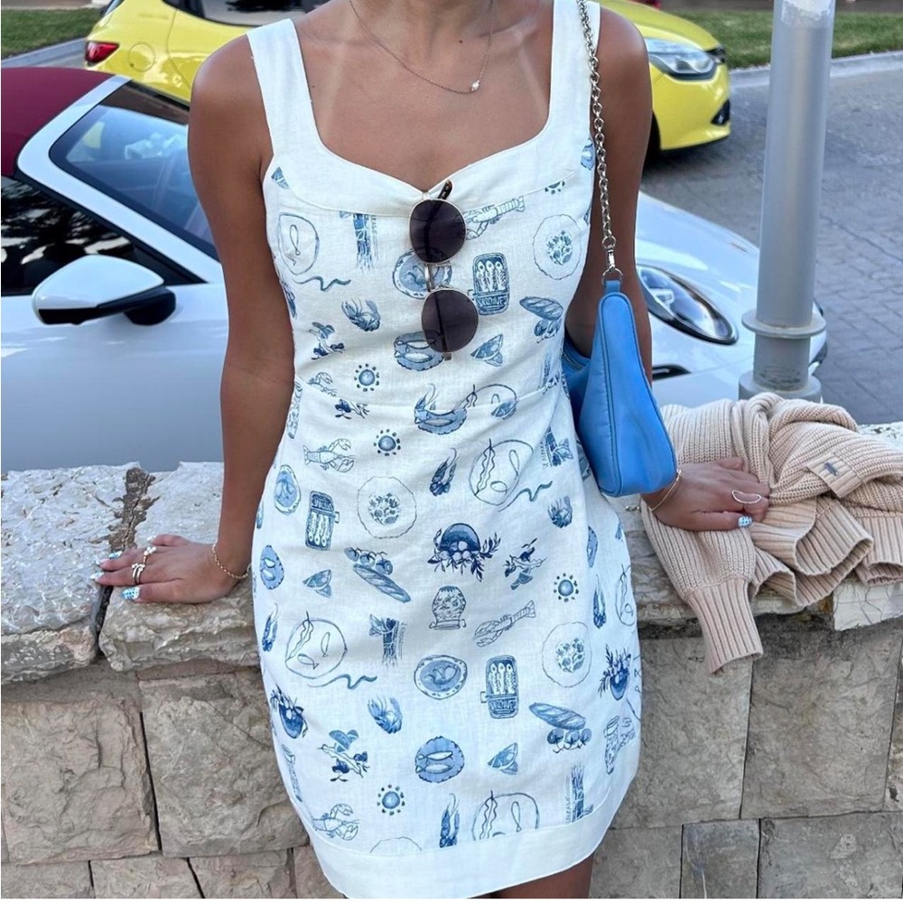 NWT Abercrombie Linen-Blend Wide Strap Mini Dress Mediterranean Greek Print - Picture 6 of 7